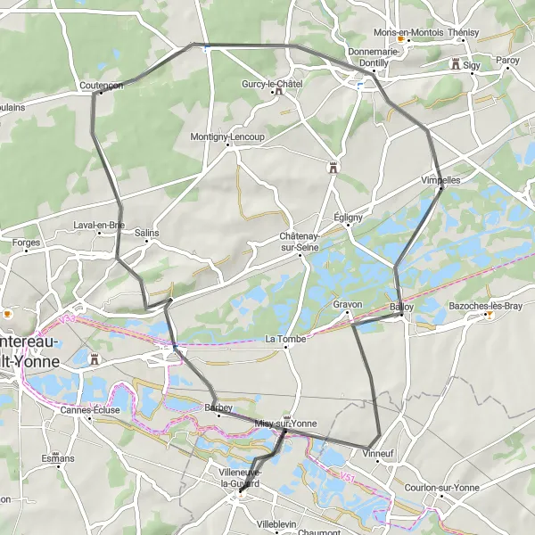 Miniature de la carte de l'inspiration cycliste "Boucle des Châteaux de Seine-et-Marne" dans la Bourgogne, France. Générée par le planificateur d'itinéraire cycliste Tarmacs.app