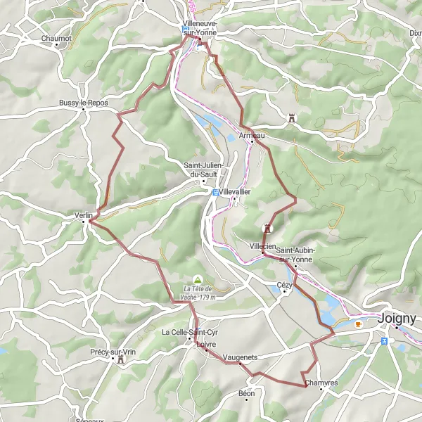 Map miniature of "Gravel Adventure from Villeneuve-sur-Yonne to La Tête de Vache" cycling inspiration in Bourgogne, France. Generated by Tarmacs.app cycling route planner