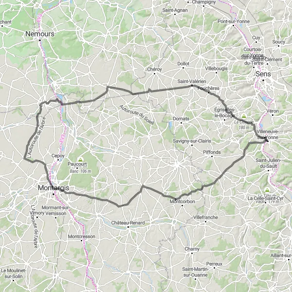 Map miniature of "Historic Castles and Charming Villages" cycling inspiration in Bourgogne, France. Generated by Tarmacs.app cycling route planner