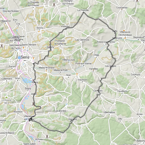 Map miniature of "Saligny and Cerisiers Road Adventure" cycling inspiration in Bourgogne, France. Generated by Tarmacs.app cycling route planner