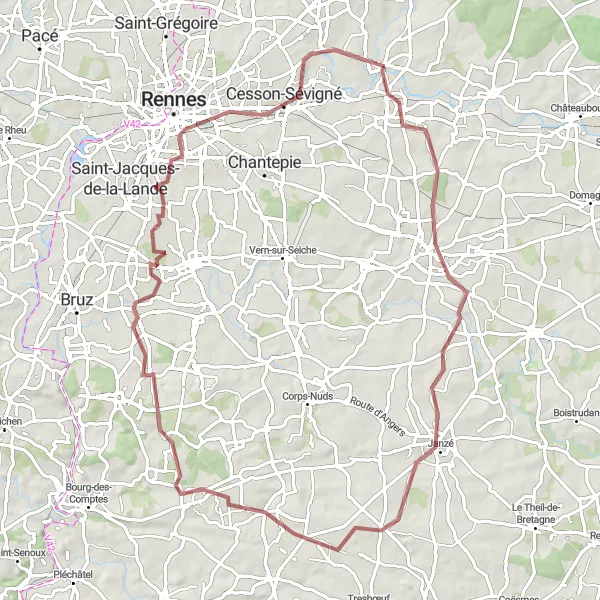 Miniature de la carte de l'inspiration cycliste "Aventure à Cesson-Sévigné" dans la Bretagne, France. Générée par le planificateur d'itinéraire cycliste Tarmacs.app