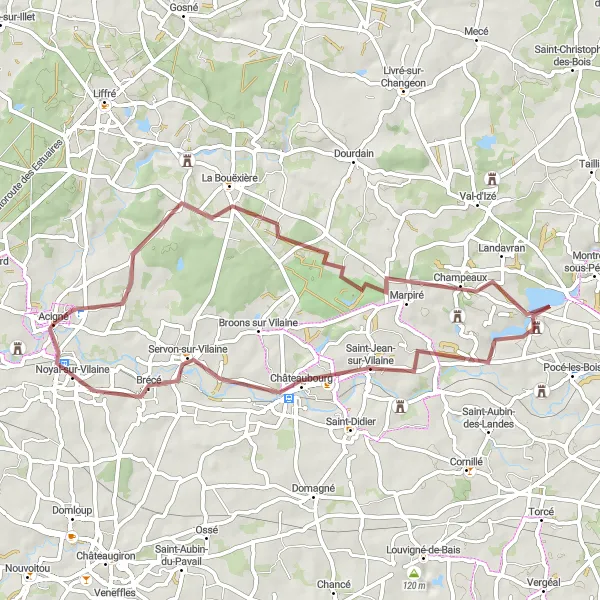 Map miniature of "Exploring the Vilaine River Valley" cycling inspiration in Bretagne, France. Generated by Tarmacs.app cycling route planner