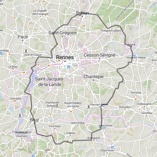 Miniature de la carte de l'inspiration cycliste "Bruz et les alentours" dans la Bretagne, France. Générée par le planificateur d'itinéraire cycliste Tarmacs.app