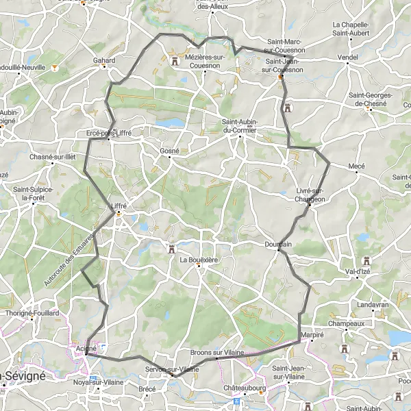Miniature de la carte de l'inspiration cycliste "Boucle de Liffré" dans la Bretagne, France. Générée par le planificateur d'itinéraire cycliste Tarmacs.app