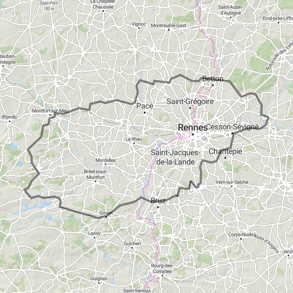 Miniature de la carte de l'inspiration cycliste "Tour de Breteil" dans la Bretagne, France. Générée par le planificateur d'itinéraire cycliste Tarmacs.app
