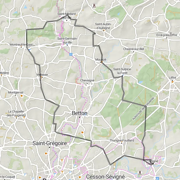 Map miniature of "Mouazé Discovery Ride" cycling inspiration in Bretagne, France. Generated by Tarmacs.app cycling route planner