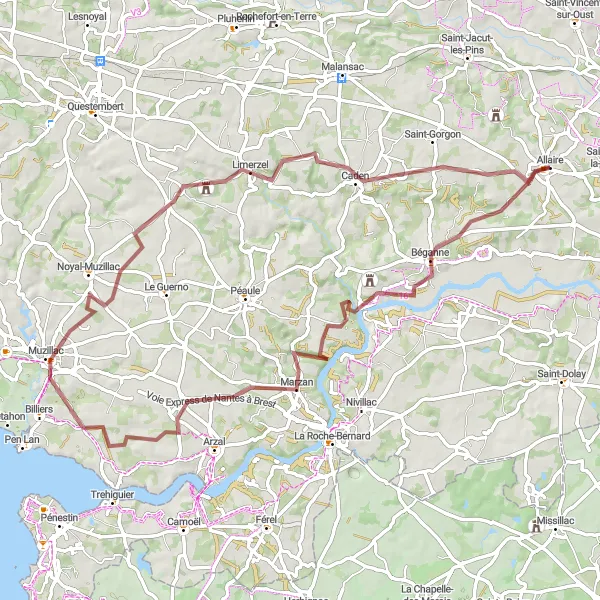 Map miniature of "Circuit Gravel Béganne, Marzan, Noyal-Muzillac, Limerzel" cycling inspiration in Bretagne, France. Generated by Tarmacs.app cycling route planner