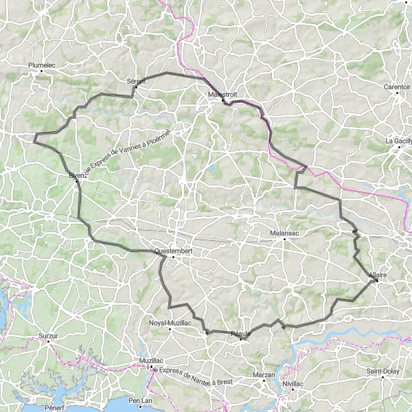 Miniature de la carte de l'inspiration cycliste "Circuit des Deux Rivières" dans la Bretagne, France. Générée par le planificateur d'itinéraire cycliste Tarmacs.app