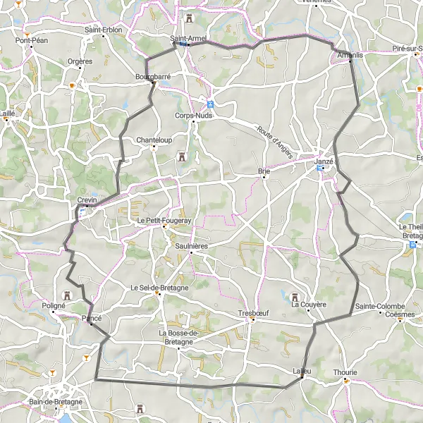 Miniature de la carte de l'inspiration cycliste "Les Collines de l'Ile-et-Vilaine" dans la Bretagne, France. Générée par le planificateur d'itinéraire cycliste Tarmacs.app