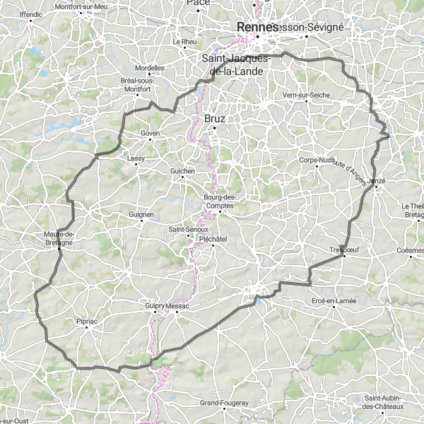 Miniature de la carte de l'inspiration cycliste "Aventure dans la Campagne Bretonne" dans la Bretagne, France. Générée par le planificateur d'itinéraire cycliste Tarmacs.app
