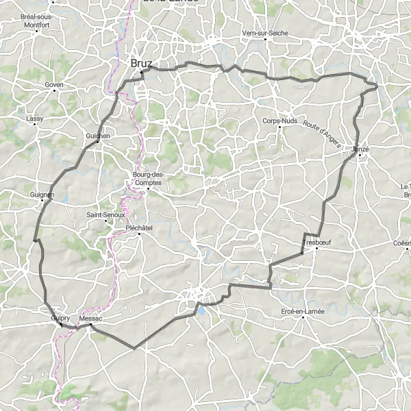 Map miniature of "Challenging Road Cycling Tour near Amanlis (Bretagne, France)" cycling inspiration in Bretagne, France. Generated by Tarmacs.app cycling route planner