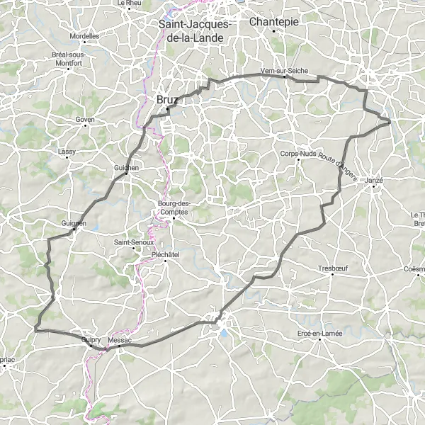 Miniature de la carte de l'inspiration cycliste "Le Circuit des Châteaux" dans la Bretagne, France. Générée par le planificateur d'itinéraire cycliste Tarmacs.app