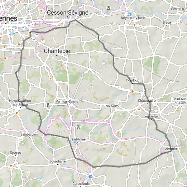 Miniature de la carte de l'inspiration cycliste "Tour des Charmantes Villages Bretons" dans la Bretagne, France. Générée par le planificateur d'itinéraire cycliste Tarmacs.app