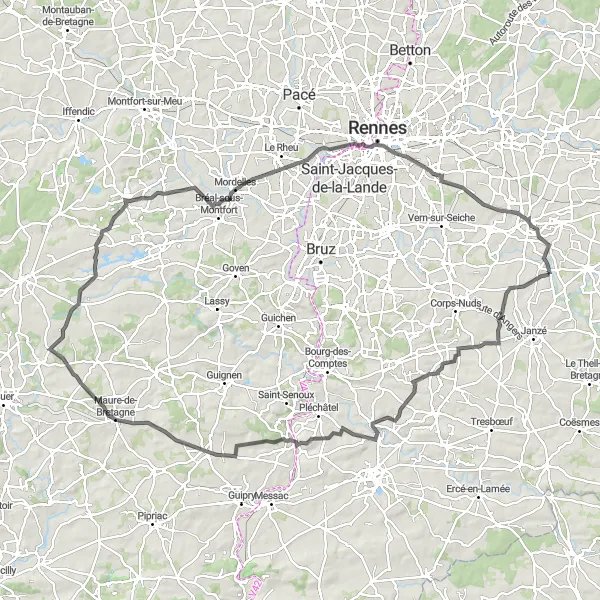 Miniature de la carte de l'inspiration cycliste "La Boucle des Rochers Bretons" dans la Bretagne, France. Générée par le planificateur d'itinéraire cycliste Tarmacs.app