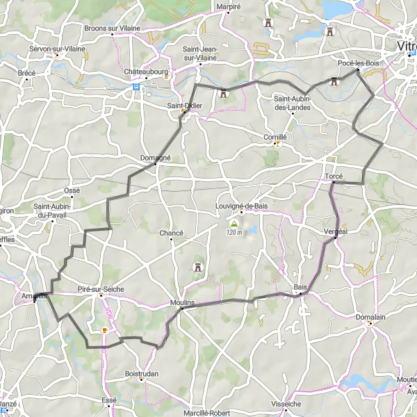 Miniature de la carte de l'inspiration cycliste "Le Tour de Moulins" dans la Bretagne, France. Générée par le planificateur d'itinéraire cycliste Tarmacs.app