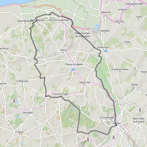 Miniature de la carte de l'inspiration cycliste "Tour panoramique autour de Antrain" dans la Bretagne, France. Générée par le planificateur d'itinéraire cycliste Tarmacs.app