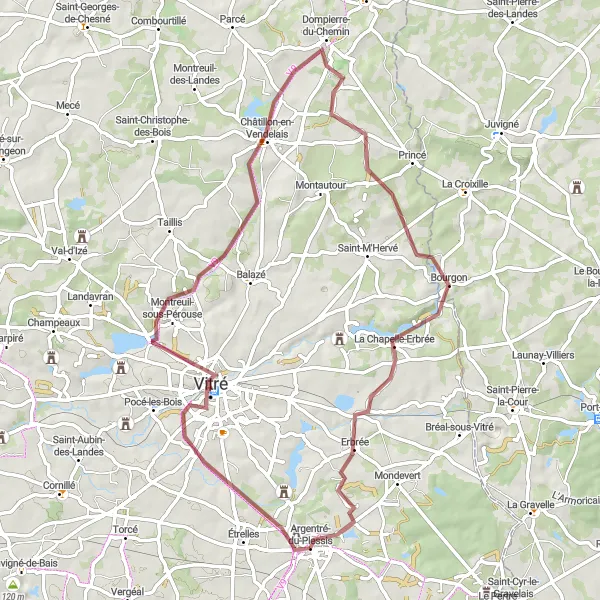 Miniature de la carte de l'inspiration cycliste "Le Circuit des Chemins de Terre" dans la Bretagne, France. Générée par le planificateur d'itinéraire cycliste Tarmacs.app