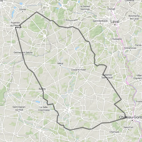 Map miniature of "The Mayenne Adventure" cycling inspiration in Bretagne, France. Generated by Tarmacs.app cycling route planner