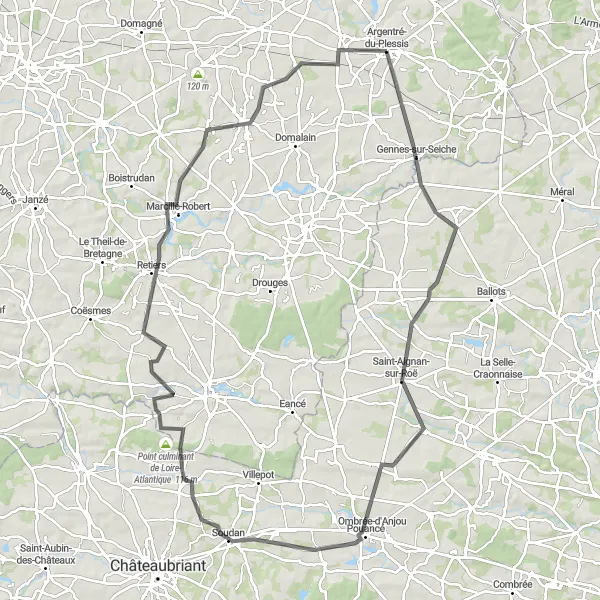 Miniature de la carte de l'inspiration cycliste "Les Collines de l'Est" dans la Bretagne, France. Générée par le planificateur d'itinéraire cycliste Tarmacs.app