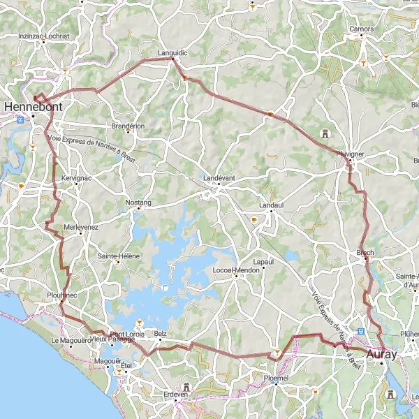 Map miniature of "Gravel Adventure through Coastal Beauty" cycling inspiration in Bretagne, France. Generated by Tarmacs.app cycling route planner