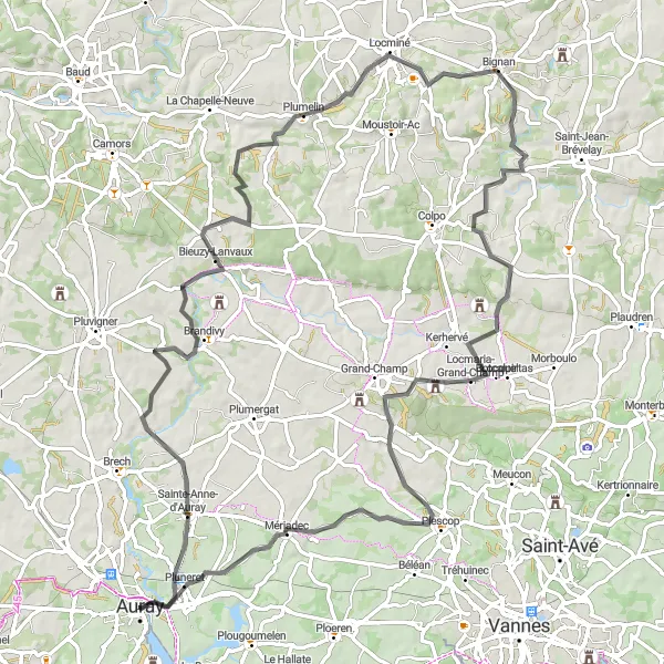Miniature de la carte de l'inspiration cycliste "Parcours pittoresque autour d'Auray" dans la Bretagne, France. Générée par le planificateur d'itinéraire cycliste Tarmacs.app