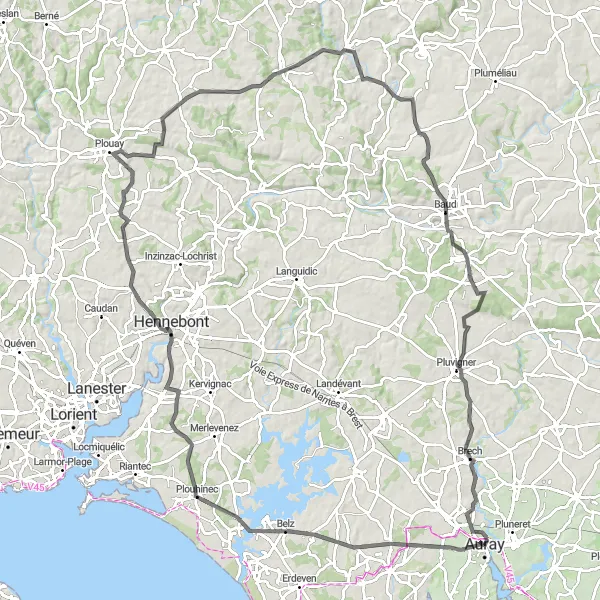 Map miniature of "Challenging Road Cycling Route from Auray to Treulen" cycling inspiration in Bretagne, France. Generated by Tarmacs.app cycling route planner