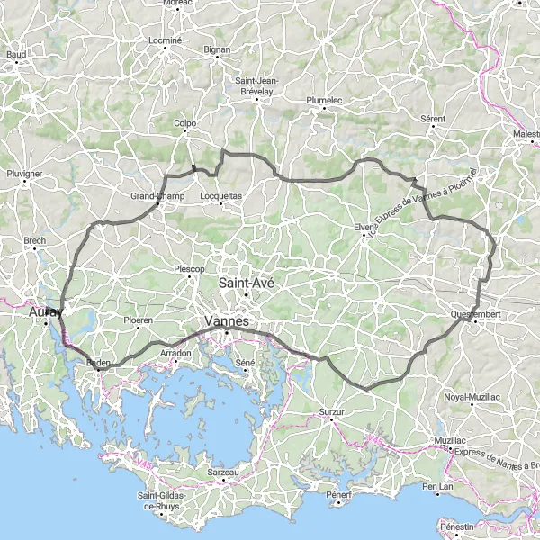 Map miniature of "Vannes Loop: Rolling Hills and Historic Towns" cycling inspiration in Bretagne, France. Generated by Tarmacs.app cycling route planner