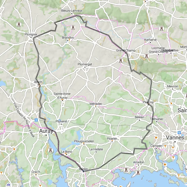 Miniature de la carte de l'inspiration cycliste "Le tour autour de Baden" dans la Bretagne, France. Générée par le planificateur d'itinéraire cycliste Tarmacs.app