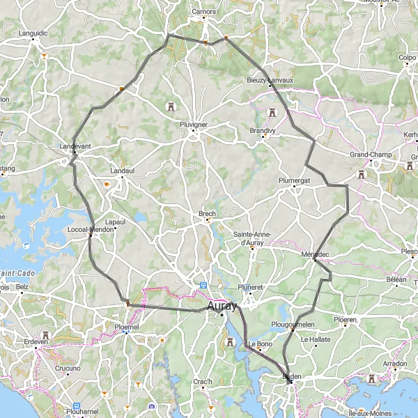 Miniature de la carte de l'inspiration cycliste "La boucle de Baden-Auray" dans la Bretagne, France. Générée par le planificateur d'itinéraire cycliste Tarmacs.app