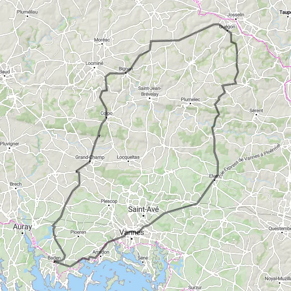 Map miniature of "The Grand Tour" cycling inspiration in Bretagne, France. Generated by Tarmacs.app cycling route planner