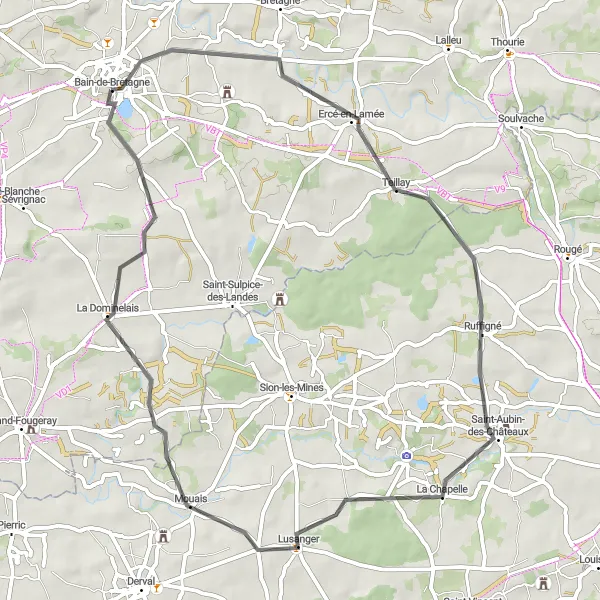 Map miniature of "The Teillay Loop" cycling inspiration in Bretagne, France. Generated by Tarmacs.app cycling route planner