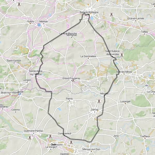 Map miniature of "Mouais and Conquereuil Loop" cycling inspiration in Bretagne, France. Generated by Tarmacs.app cycling route planner