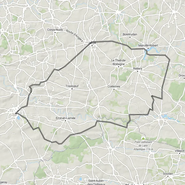 Map miniature of "Le Sel-de-Bretagne and Janzé Countryside" cycling inspiration in Bretagne, France. Generated by Tarmacs.app cycling route planner