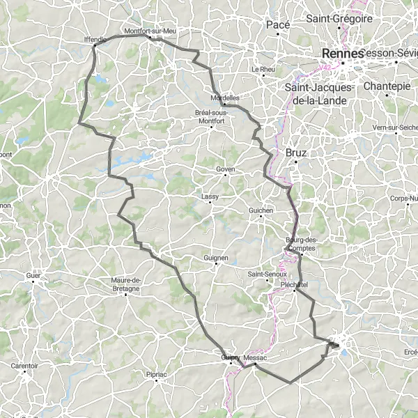 Map miniature of "Guipry to Montfort-sur-Meu Adventure" cycling inspiration in Bretagne, France. Generated by Tarmacs.app cycling route planner