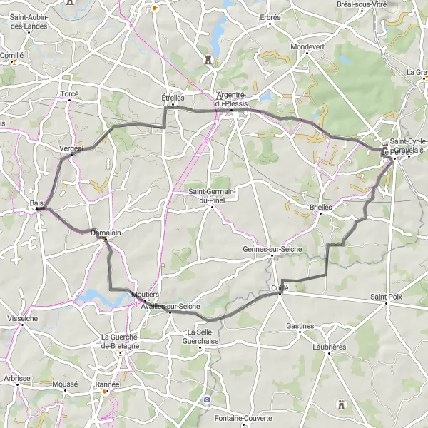 Miniature de la carte de l'inspiration cycliste "Tour de 52km au départ de Bais" dans la Bretagne, France. Générée par le planificateur d'itinéraire cycliste Tarmacs.app