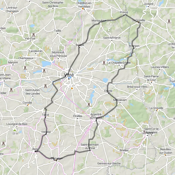 Miniature de la carte de l'inspiration cycliste "Boucle de 76km près de Bais" dans la Bretagne, France. Générée par le planificateur d'itinéraire cycliste Tarmacs.app
