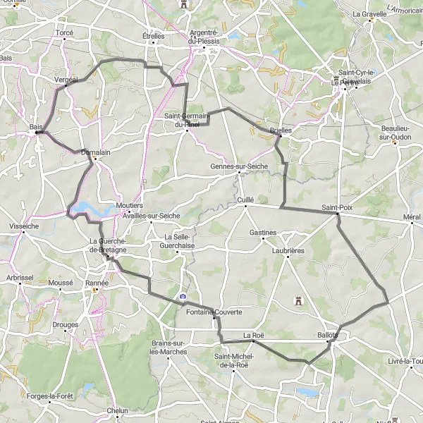 Miniature de la carte de l'inspiration cycliste "Itinéraire Vergéal - La Guerche-de-Bretagne" dans la Bretagne, France. Générée par le planificateur d'itinéraire cycliste Tarmacs.app