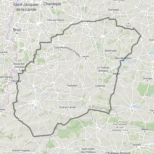 Miniature de la carte de l'inspiration cycliste "Excursion de 124km dans les environs de Bais" dans la Bretagne, France. Générée par le planificateur d'itinéraire cycliste Tarmacs.app
