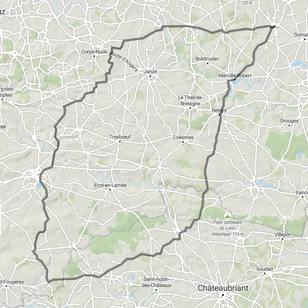 Miniature de la carte de l'inspiration cycliste "Boucle Bais - Le Petit-Fougeray" dans la Bretagne, France. Générée par le planificateur d'itinéraire cycliste Tarmacs.app