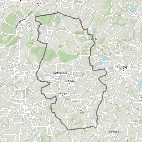 Miniature de la carte de l'inspiration cycliste "Parcours de 89km vers Bais" dans la Bretagne, France. Générée par le planificateur d'itinéraire cycliste Tarmacs.app