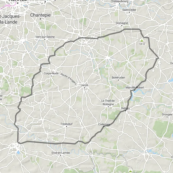 Miniature de la carte de l'inspiration cycliste "Circuit de Marcillé-Robert - Châteaugiron" dans la Bretagne, France. Générée par le planificateur d'itinéraire cycliste Tarmacs.app
