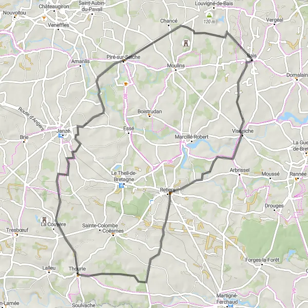 Miniature de la carte de l'inspiration cycliste "Circuit de 65km autour de Bais" dans la Bretagne, France. Générée par le planificateur d'itinéraire cycliste Tarmacs.app