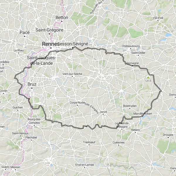 Miniature de la carte de l'inspiration cycliste "Tour de la Vilaine" dans la Bretagne, France. Générée par le planificateur d'itinéraire cycliste Tarmacs.app