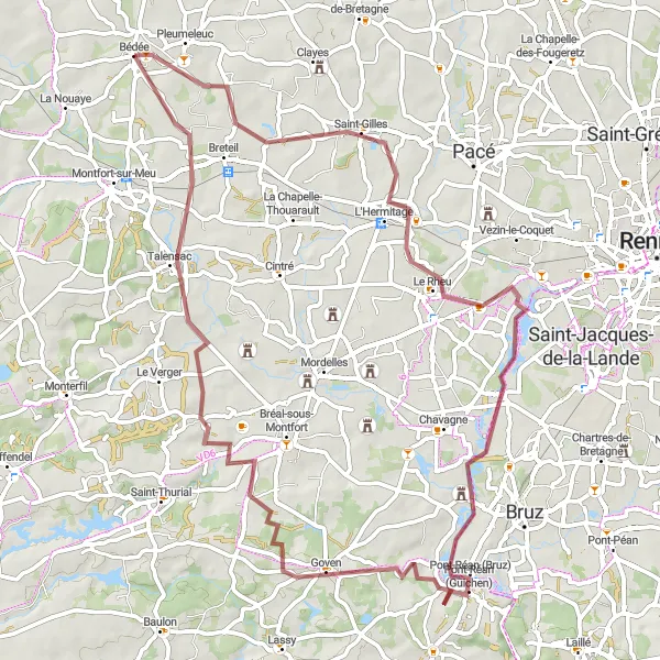 Miniature de la carte de l'inspiration cycliste "Escapade entre Pont-Réan et Bédée" dans la Bretagne, France. Générée par le planificateur d'itinéraire cycliste Tarmacs.app