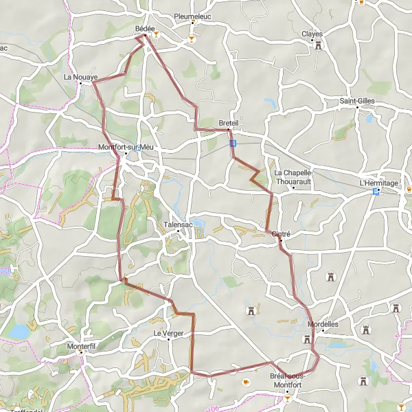 Miniature de la carte de l'inspiration cycliste "Itinéraire de 44 km en gravel au départ de Bédée" dans la Bretagne, France. Générée par le planificateur d'itinéraire cycliste Tarmacs.app