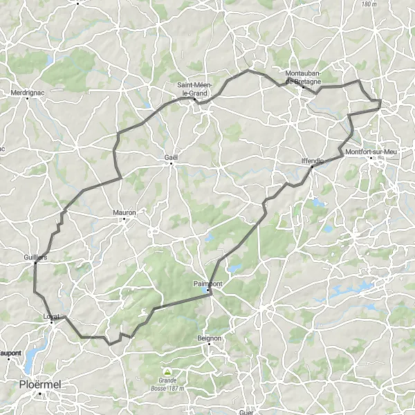 Miniature de la carte de l'inspiration cycliste "Parcours de 108 km à vélo de route dans les environs de Bédée" dans la Bretagne, France. Générée par le planificateur d'itinéraire cycliste Tarmacs.app