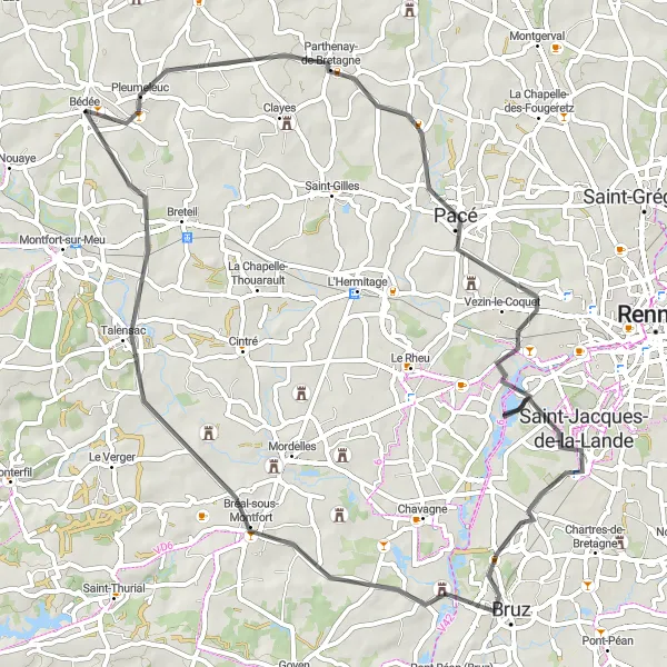 Miniature de la carte de l'inspiration cycliste "Parcours routier à travers la banlieue bretonne" dans la Bretagne, France. Générée par le planificateur d'itinéraire cycliste Tarmacs.app