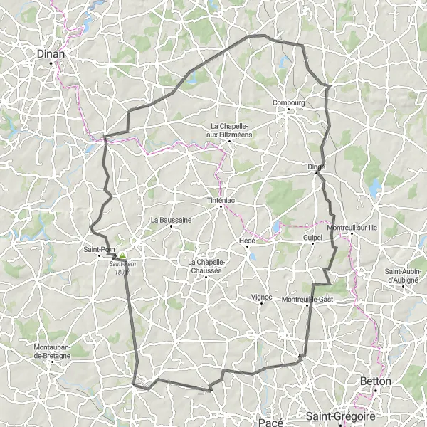 Miniature de la carte de l'inspiration cycliste "Parcours de 106 km à vélo de route autour de Bédée" dans la Bretagne, France. Générée par le planificateur d'itinéraire cycliste Tarmacs.app