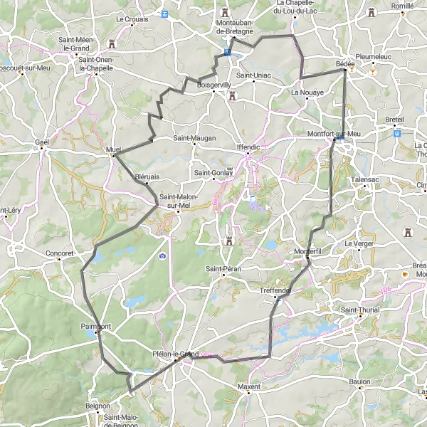 Miniature de la carte de l'inspiration cycliste "Boucle autour de Montfort-sur-Meu" dans la Bretagne, France. Générée par le planificateur d'itinéraire cycliste Tarmacs.app