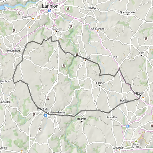 Map miniature of "Plouaret - Bégard Short Loop" cycling inspiration in Bretagne, France. Generated by Tarmacs.app cycling route planner